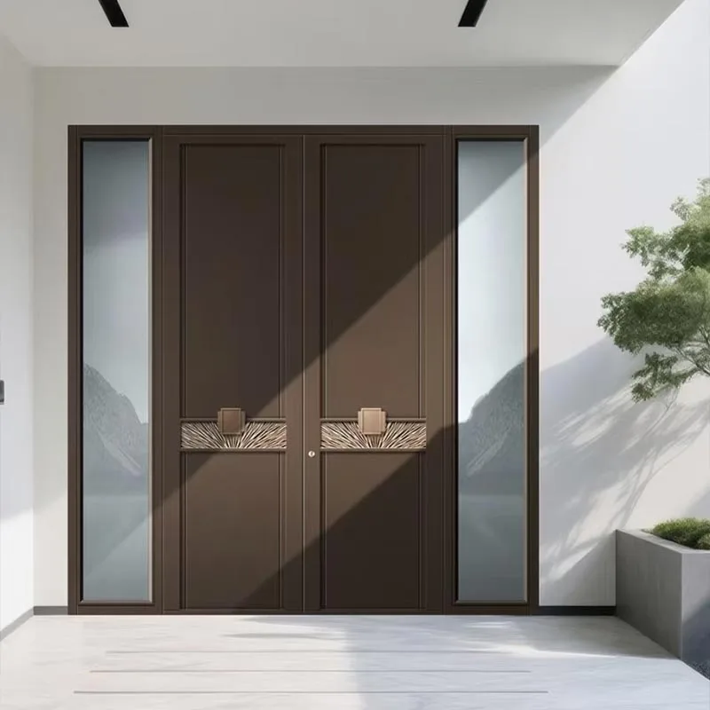 Minimalistische dubbele draaideur van gegoten aluminium met gesloten rand